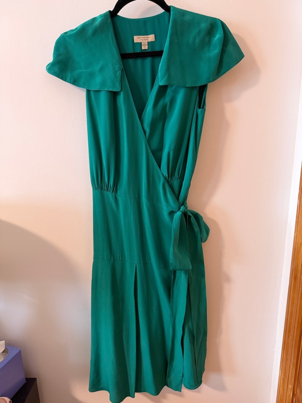 Burberry Teal Green Midi Wrap Silk Dress with Tie